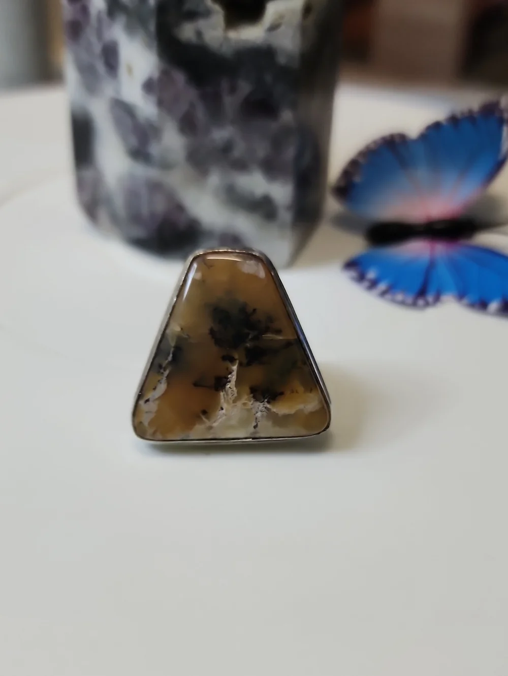 Triangle Dendritic Agate Statement Ring in Brown and Cream